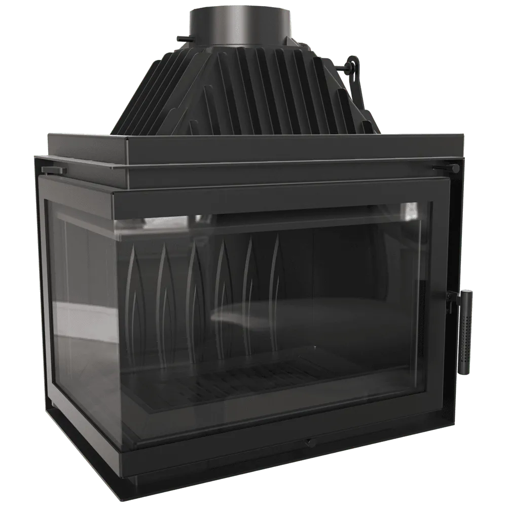 Kratki Simple Z 15 kW Links, moderne hoekhaard met glazen zijpaneel en zwart metalen afwerking.