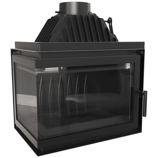 Kratki Simple Z 15 kW Links, moderne hoekhaard met glazen zijpaneel en zwart metalen afwerking.