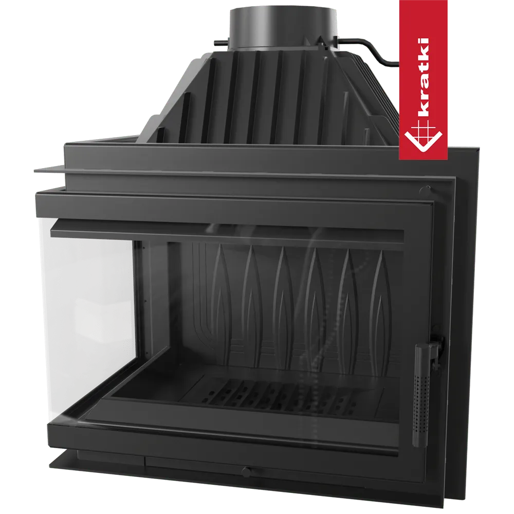Kratki Simple Z 15 kW Links, moderne zwarte houtkachel met glazen zijpaneel en robuuste constructie.