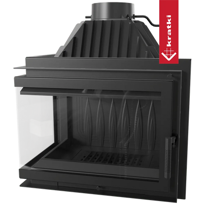 Kratki Simple Z 15 kW Links, moderne zwarte houtkachel met glazen zijpaneel en robuuste constructie.