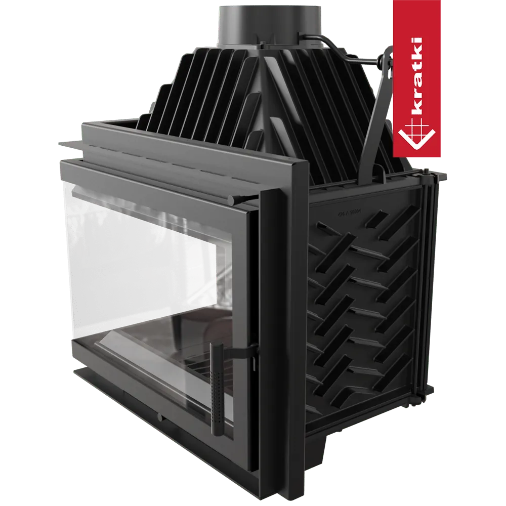 Kratki Simple Z 15 kW Links, moderne zwarte houtkachel met glazen deur en ventilatierooster.
