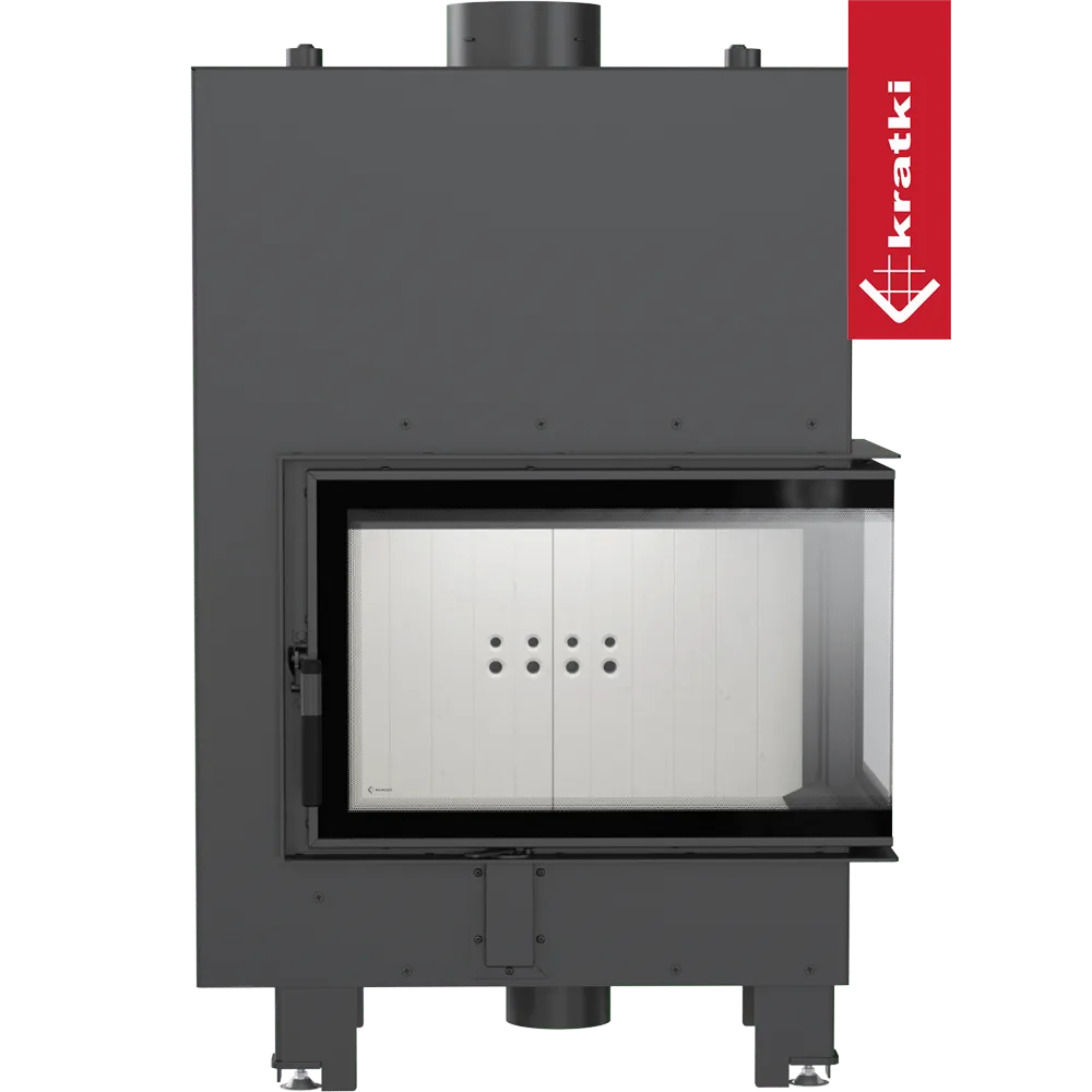 Kratki MBM CV Rechts, een moderne, rechthoekige inbouwhaard met glazen deur en zwart metalen frame.