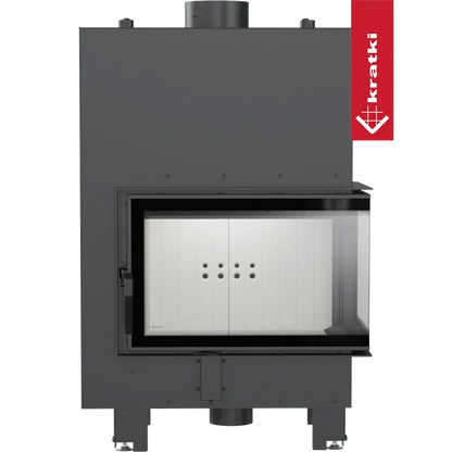 Kratki MBM CV Rechts, een moderne, rechthoekige inbouwhaard met glazen deur en zwart metalen frame.