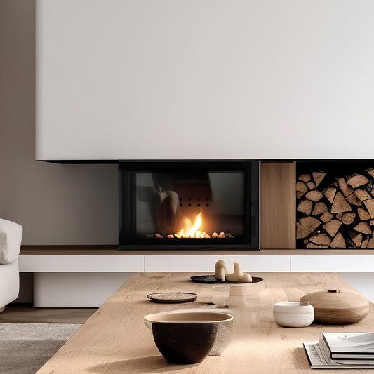 Kratki MBM CV ingebouwd in moderne woonkamer met brandend vuur