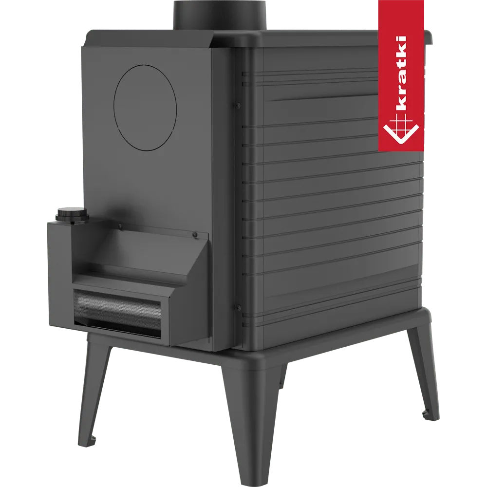 Zwarte houtkachel Kratki K10 met een strak, modern ontwerp en vier stevige poten.