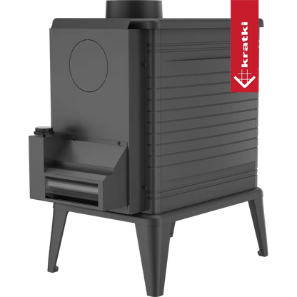 Zwarte houtkachel Kratki K10 met een strak, modern ontwerp en vier stevige poten.