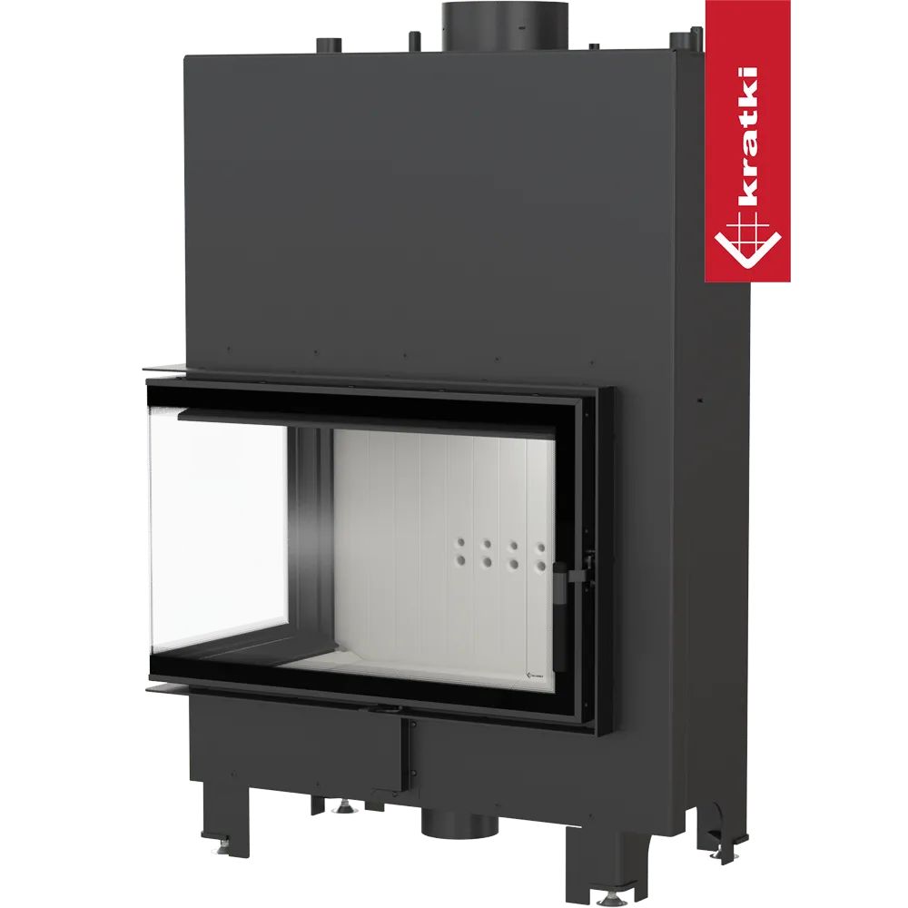 Kratki MBO CV Links, moderne inbouwhaard met glazen deur en zwart metalen frame.