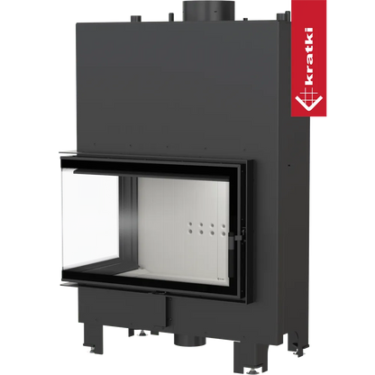 Kratki MBO CV Links, moderne inbouwhaard met glazen deur en zwart metalen frame.