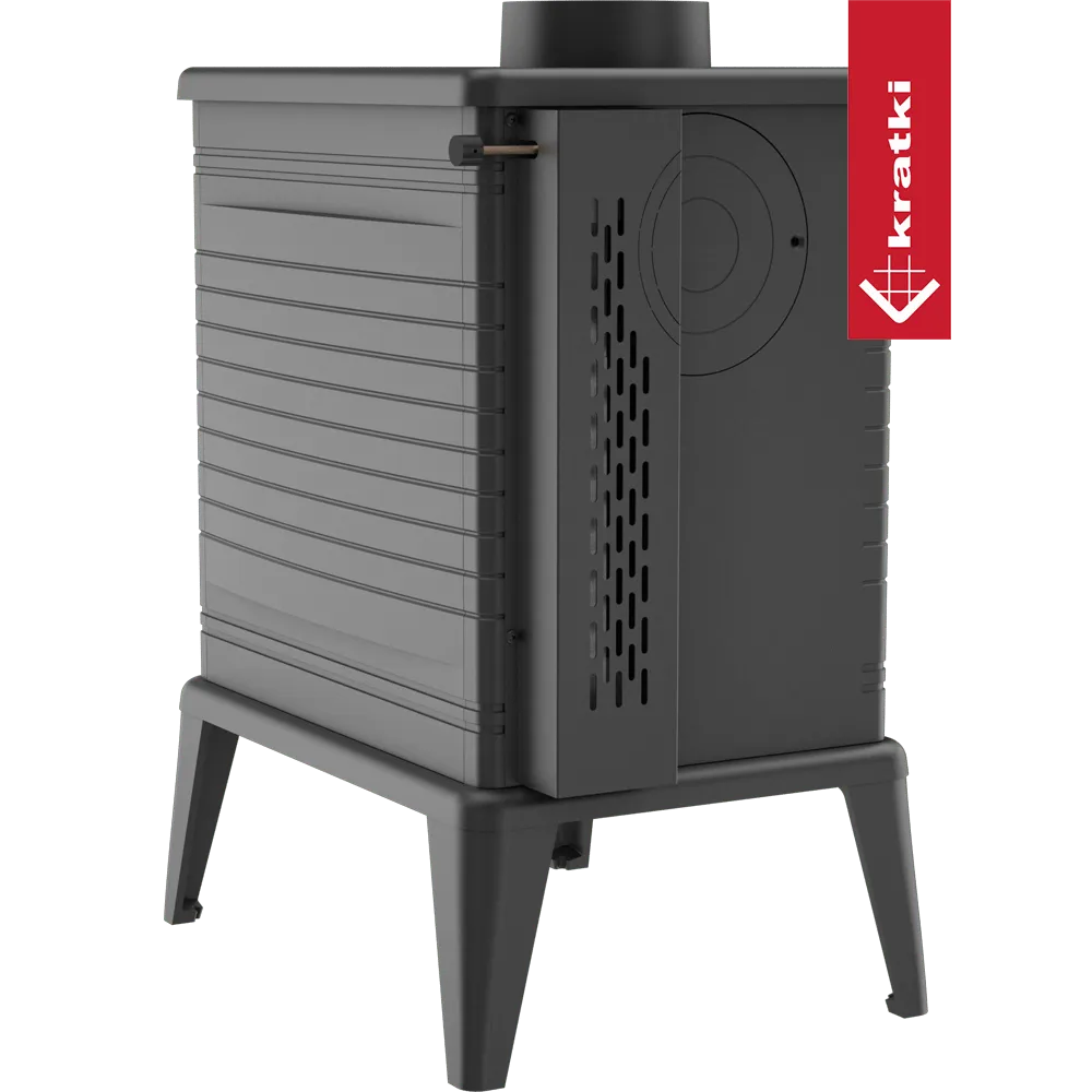 Zwarte Kratki K10 houtkachel met moderne, geribbelde zijkanten en ventilatieopeningen.