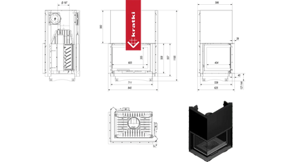 Technische tekening en 3D-weergave van Kratki Zuzia Links haard.