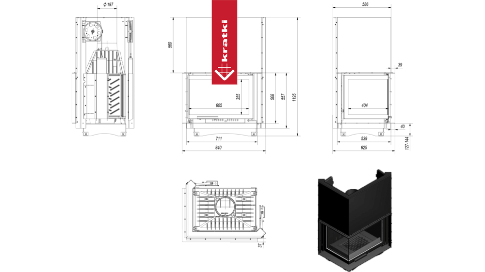 Technische tekening en 3D-weergave van de Kratki Zuzia Links haard.