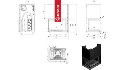 Technische tekening en 3D-weergave van de Kratki Zuzia Links haard.