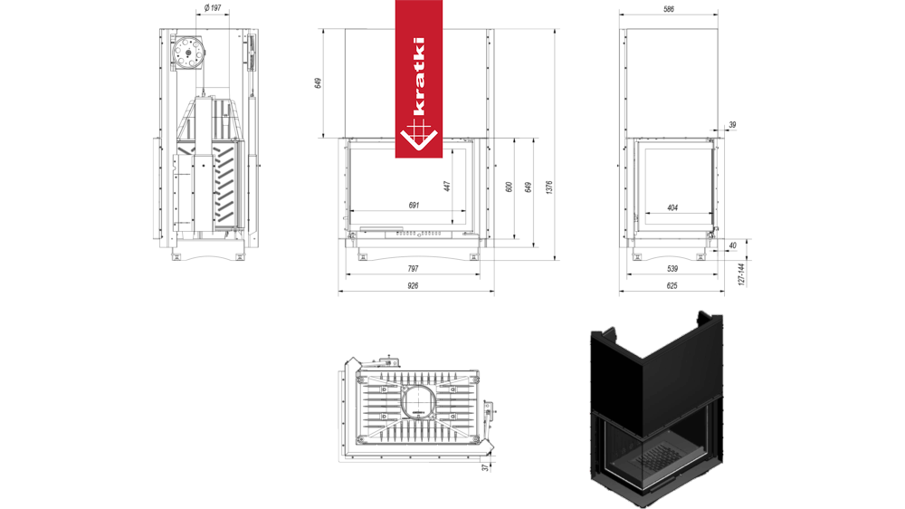 Technische tekeningen en een 3D-weergave van de Kratki Amelia Links haard.