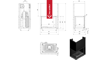 Technische tekeningen en een 3D-weergave van de Kratki Amelia Links haard.