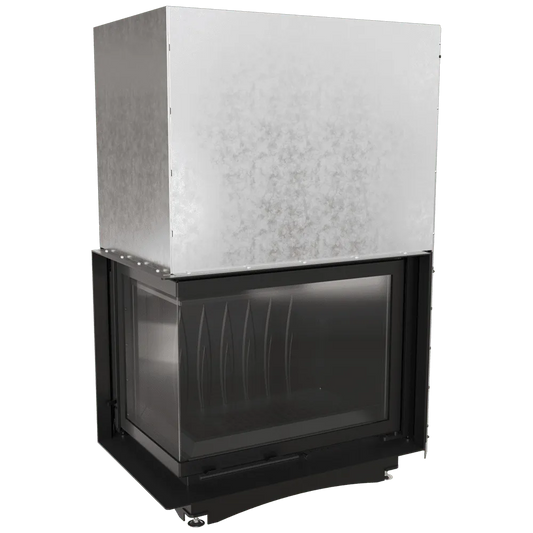 Kratki Amelia Links, moderne inbouwhaard met glazen deur en metalen behuizing.
