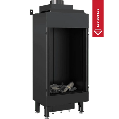 Zwarte Kratki Leo 45/68 gashaard met verticale glazen deur en houtblokken binnenin.
