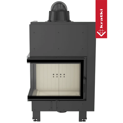 Kratki MBZ Links haard met glazen deur en zwart metalen frame.