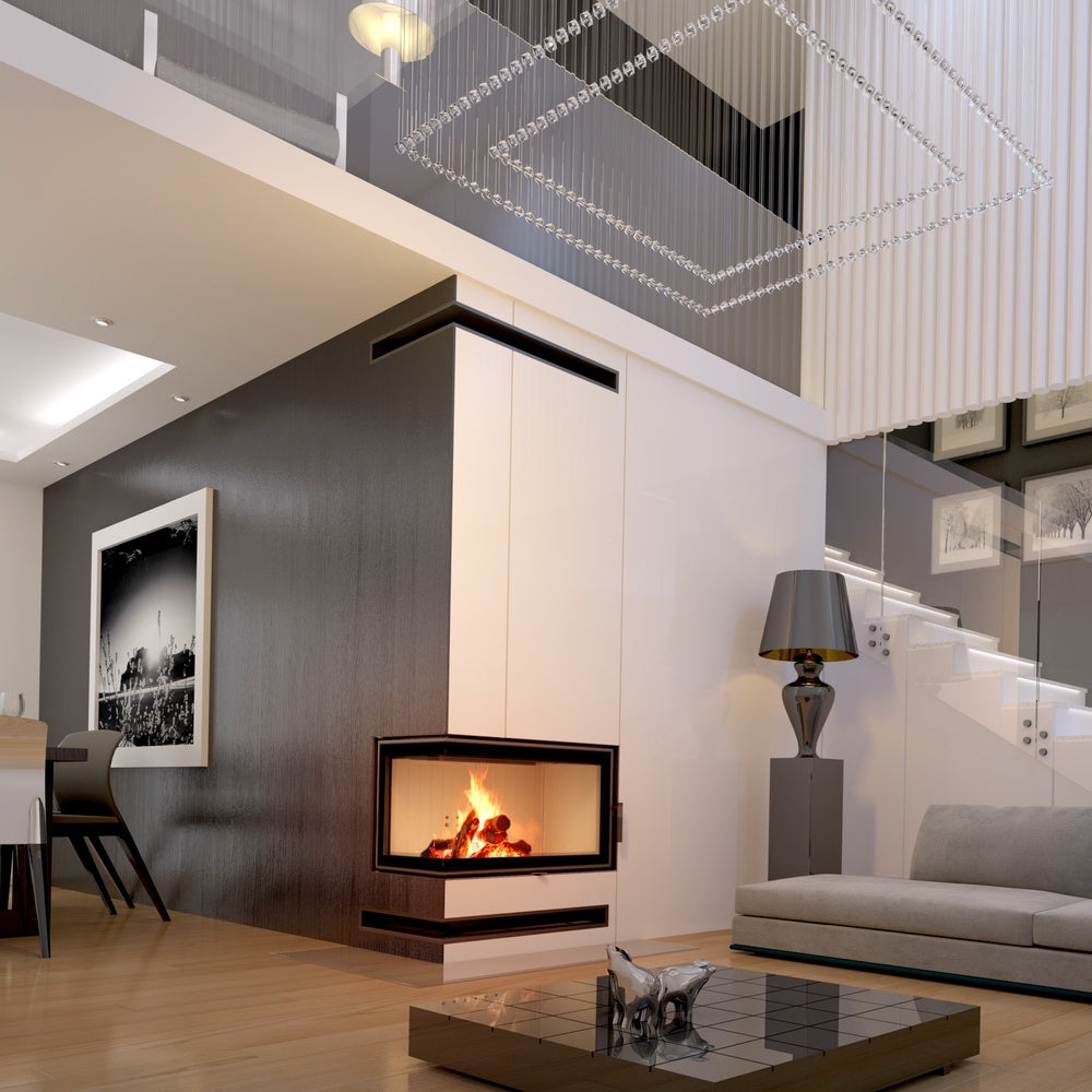 Kratki MBO in moderne woonkamer met ingebouwde haard en vlammen