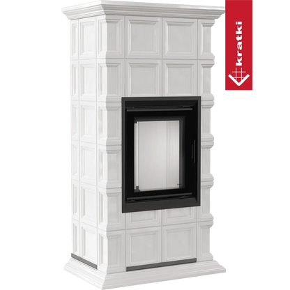 Witte, klassieke Kratki Nadia MILANO haard met zwart glazen deur en decoratieve panelen.
