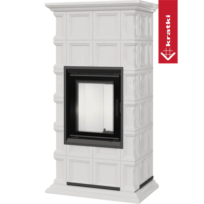 Witte, klassieke haard Kratki Nadia MILANO met zwart glazen deur en decoratieve panelen.