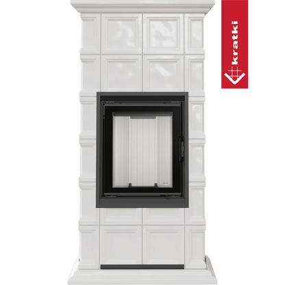 Witte Kratki Nadia MILANO haard met zwart frame en klassieke tegelafwerking.