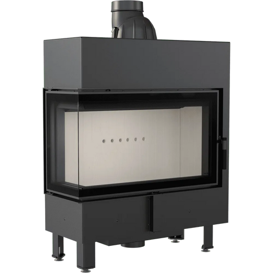 Kratki Lucy 14 kW Slim Links, moderne zwarte houtkachel met glazen deur en strakke lijnen.
