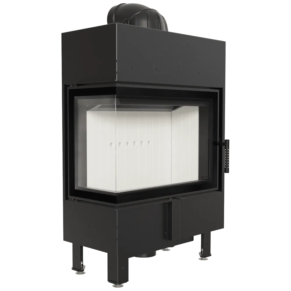 Kratki Lucy 12 kW Slim Links, moderne zwarte houtkachel met glazen zijpaneel en witte binnenkant.