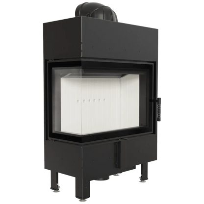 Kratki Lucy 12 kW Slim Links, moderne zwarte houtkachel met glazen zijpaneel en witte binnenkant.