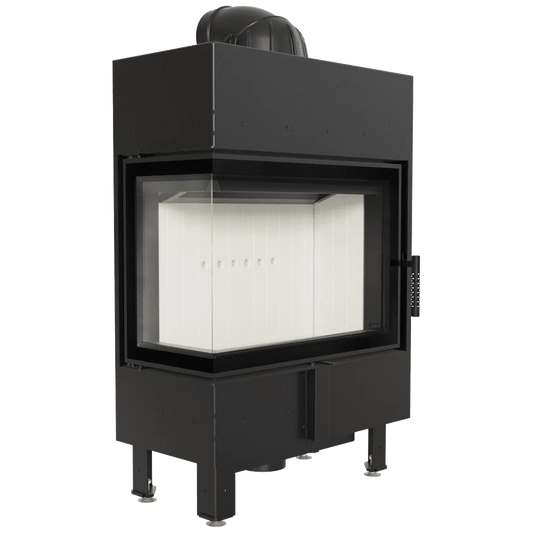 Kratki Lucy 12 kW Slim Links, moderne zwarte houtkachel met glazen zijpaneel en witte binnenkant.