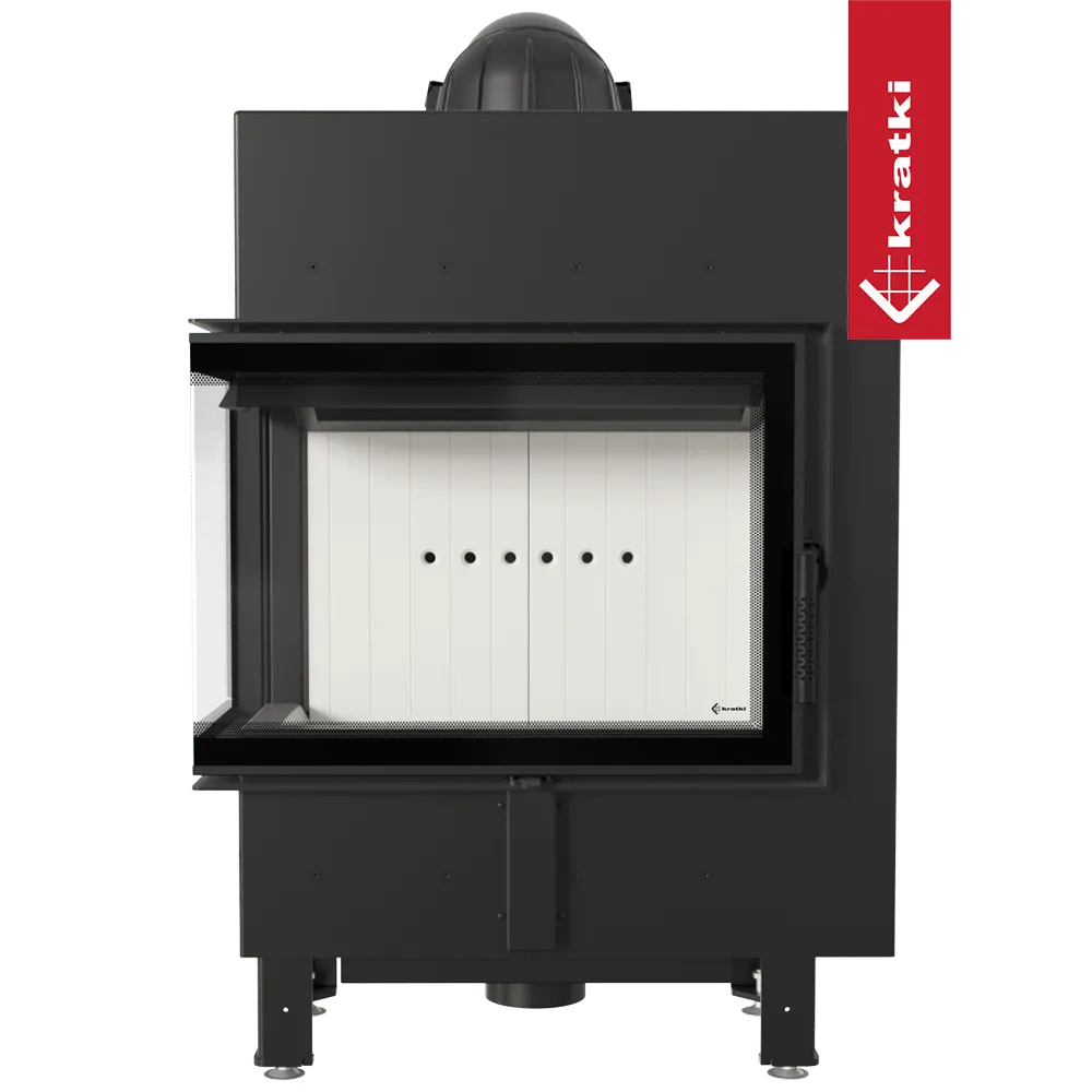 Kratki Lucy 12 kW Slim Links, moderne zwarte houtkachel met glazen deur en witte binnenkant.