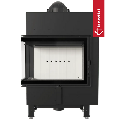 Kratki Lucy 12 kW Slim Links, moderne zwarte houtkachel met glazen deur en witte binnenkant.