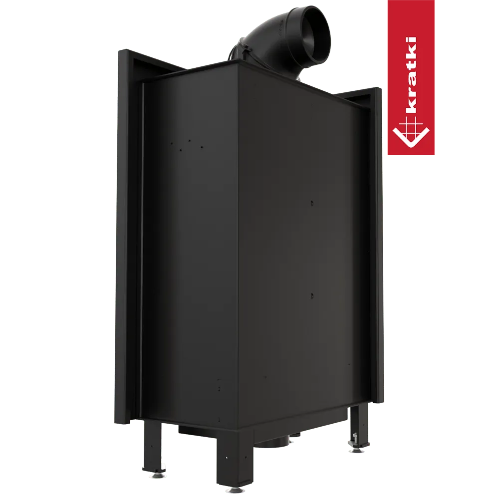 Kratki Lucy 12 kW Slim Links, zwarte metalen haard met bovenste rookafvoer en merklogo.