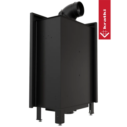 Kratki Lucy 12 kW Slim Links, zwarte metalen haard met bovenste rookafvoer en merklogo.