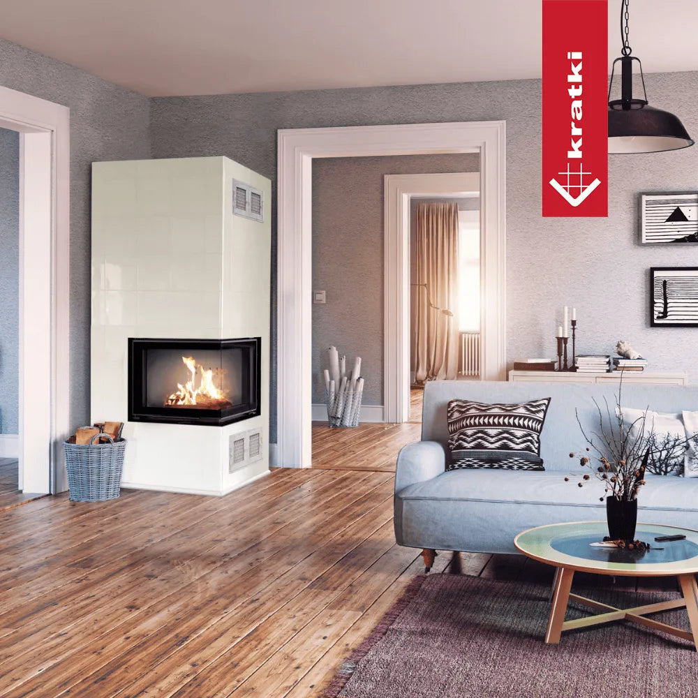 Gezellige woonkamer met Kratki VNL 700/480 haard, houten vloer en moderne inrichting.