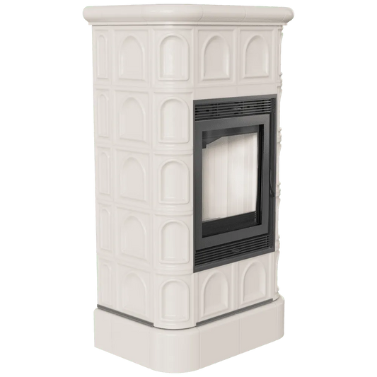 Kratki Blanka, witte keramische kachel met zwart glazen deur en decoratieve tegels.