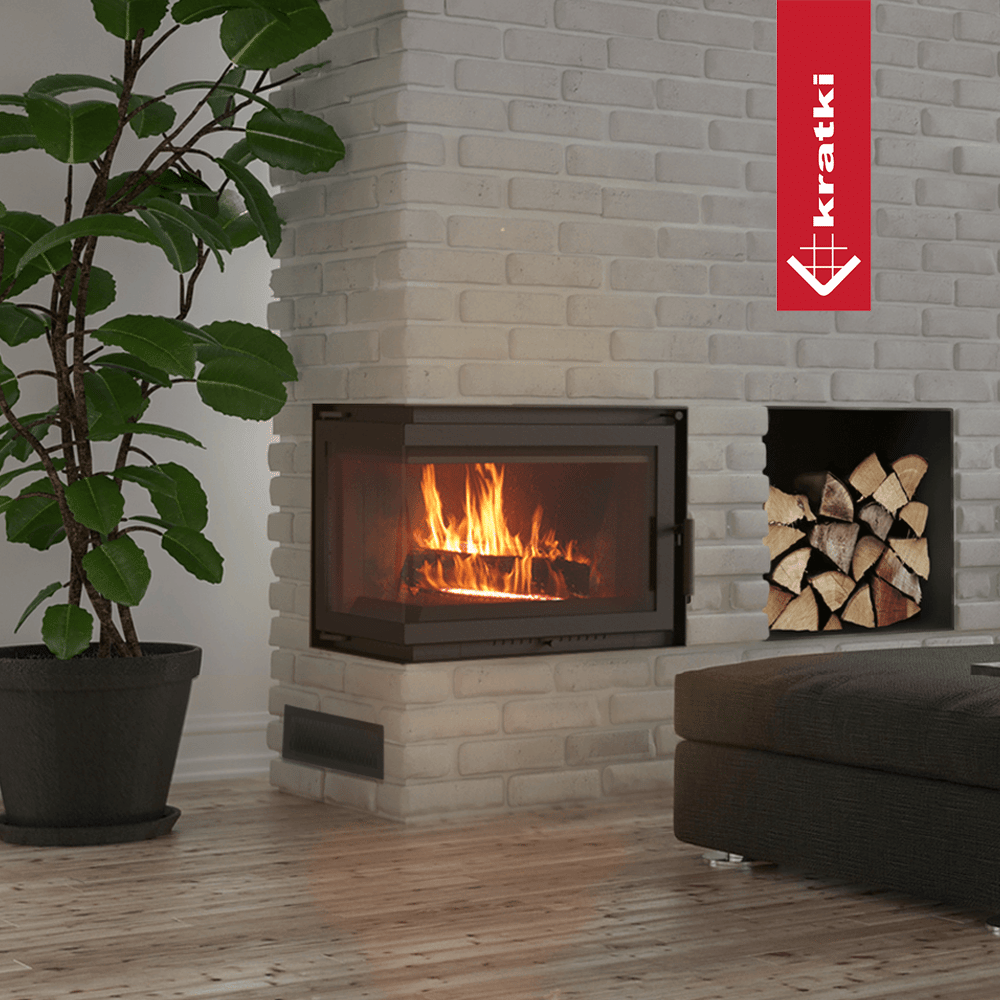 Kratki Simple M 10 kW in witte woonkamerhaard met brandend vuur