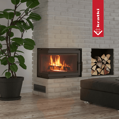 Kratki Simple M 10 kW in witte woonkamerhaard met brandend vuur