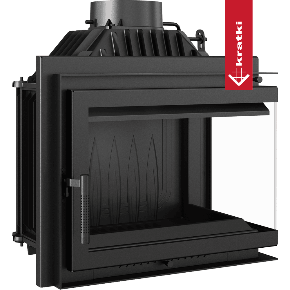 Kratki Simple M 10 kW Rechts, zwarte houtkachel met glazen zijpaneel en bovenste rookafvoer.