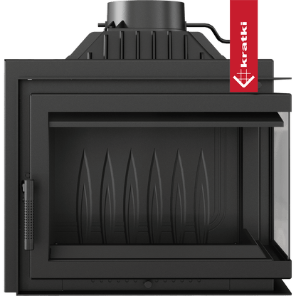 Kratki Simple M 10 kW Rechts, zwarte houtkachel met glazen deur en bovenste rookafvoer.