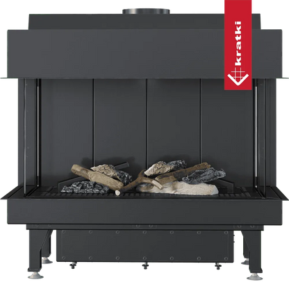 Kratki Leo 70 Links & Rechts haard met glazen zijpanelen en decoratieve houtblokken.