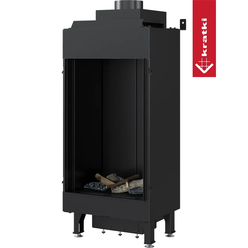 Zwarte, verticale Kratki Leo 45/68 gashaard met glazen voorkant en decoratieve houtblokken binnenin.