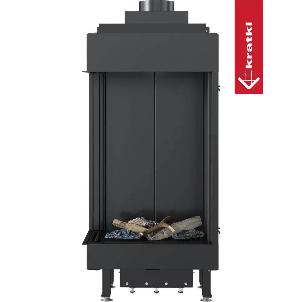 Kratki Leo 45/68 Links, moderne zwarte haard met houtblokken en stenen decoratie.