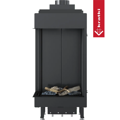 Kratki Leo 45/68 Links, moderne zwarte inbouwhaard met houtblokken en stenen decoratie.