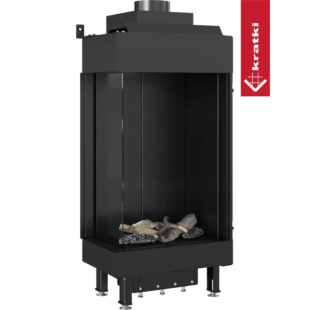 Kratki Leo 45/68 Links, moderne zwarte haard met glazen zijpaneel en decoratieve houtblokken.