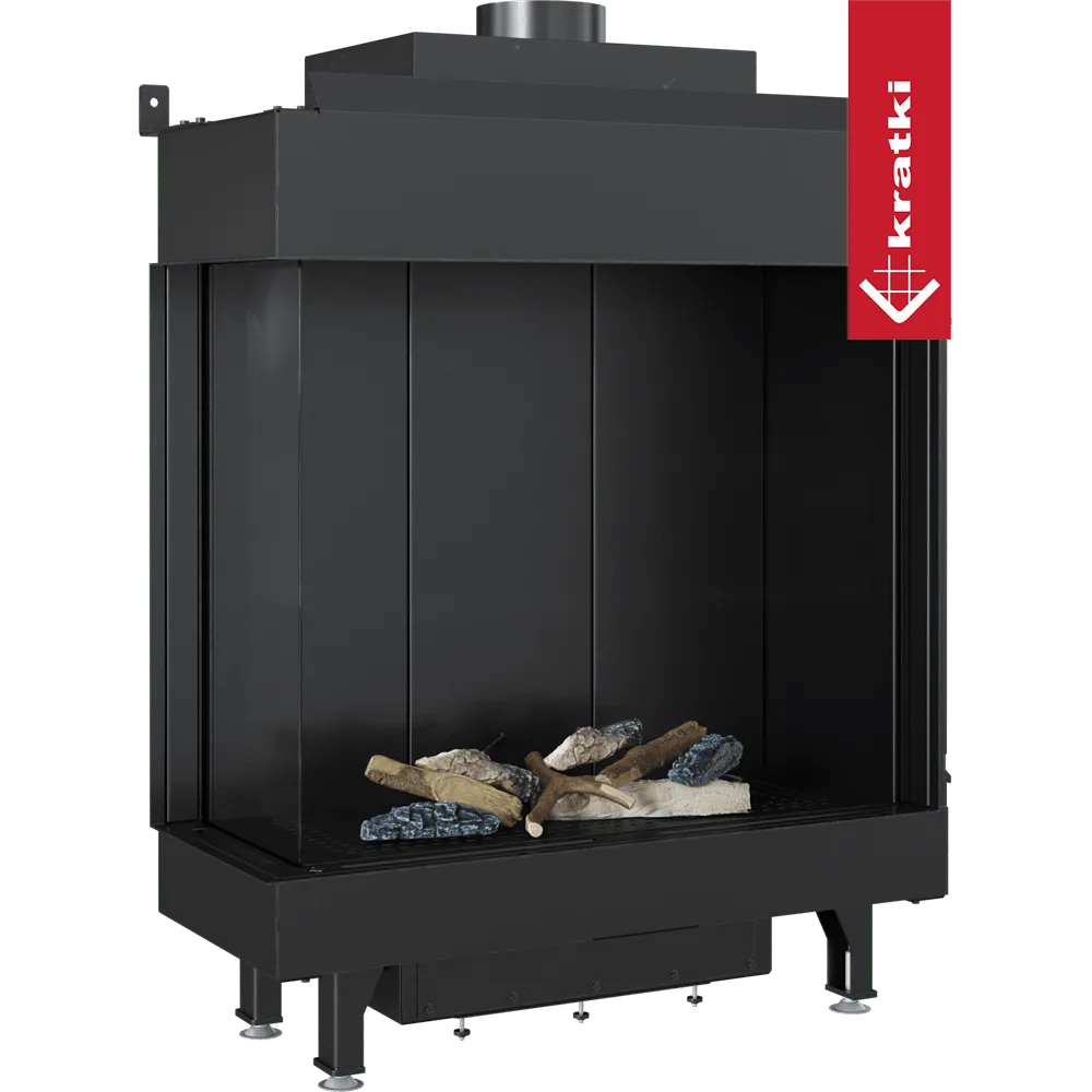 Kratki Leo 76/62 Links, moderne hoekhaard met zwart interieur en decoratieve houtblokken.