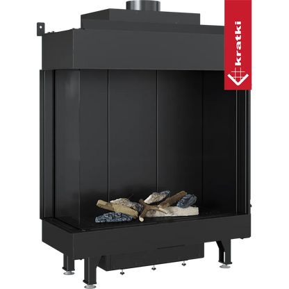 Kratki Leo 76/62 Links, moderne hoekhaard met zwart interieur en decoratieve houtblokken.