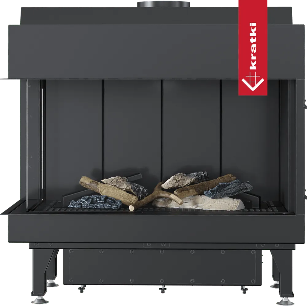 Kratki Leo 70 Links, moderne zwarte haard met decoratieve houtblokken en stenen.