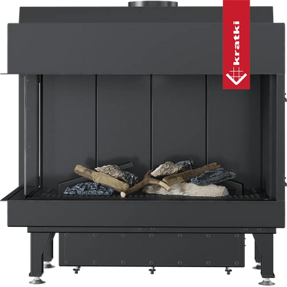 Kratki Leo 70 Links, moderne zwarte haard met decoratieve houtblokken en stenen.