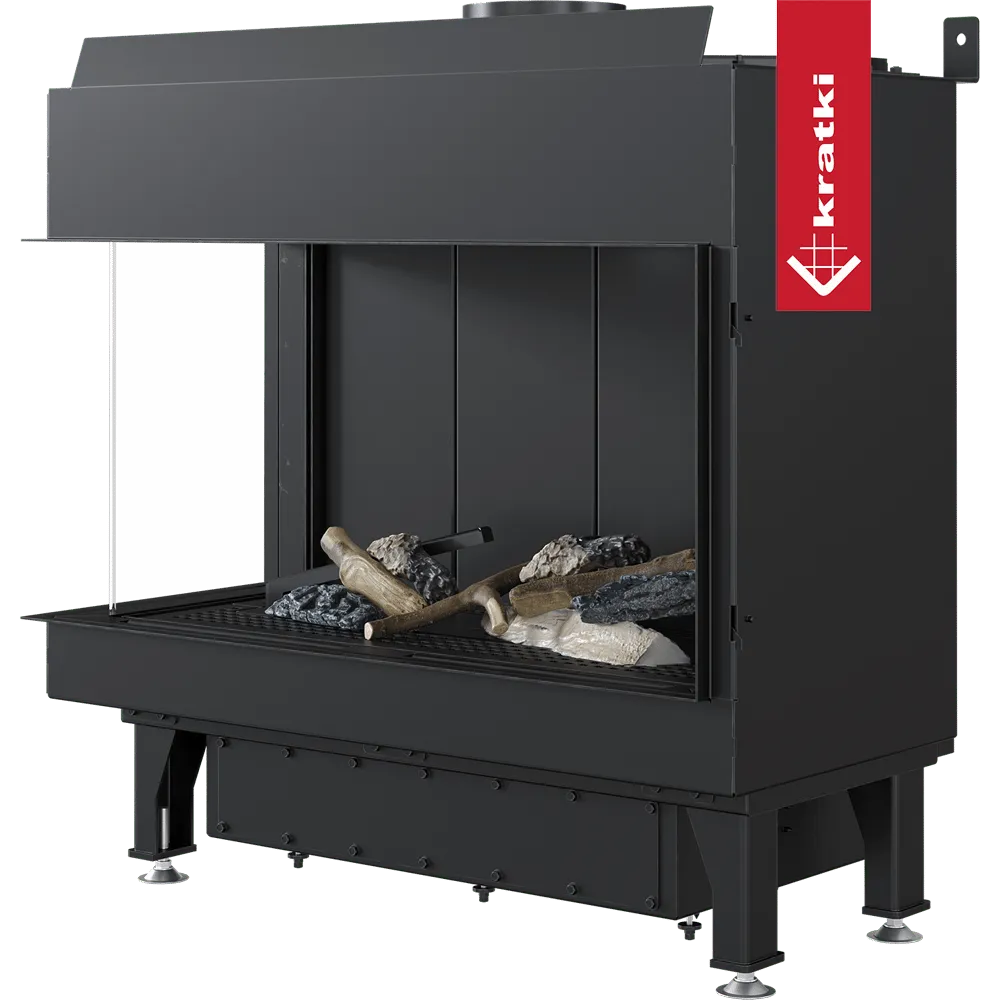 Kratki Leo 70 Links haard met moderne, zwarte afwerking en decoratieve houtblokken.