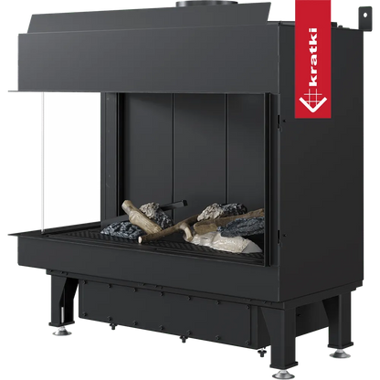 Kratki Leo 70 Links haard met moderne, zwarte afwerking en decoratieve houtblokken.